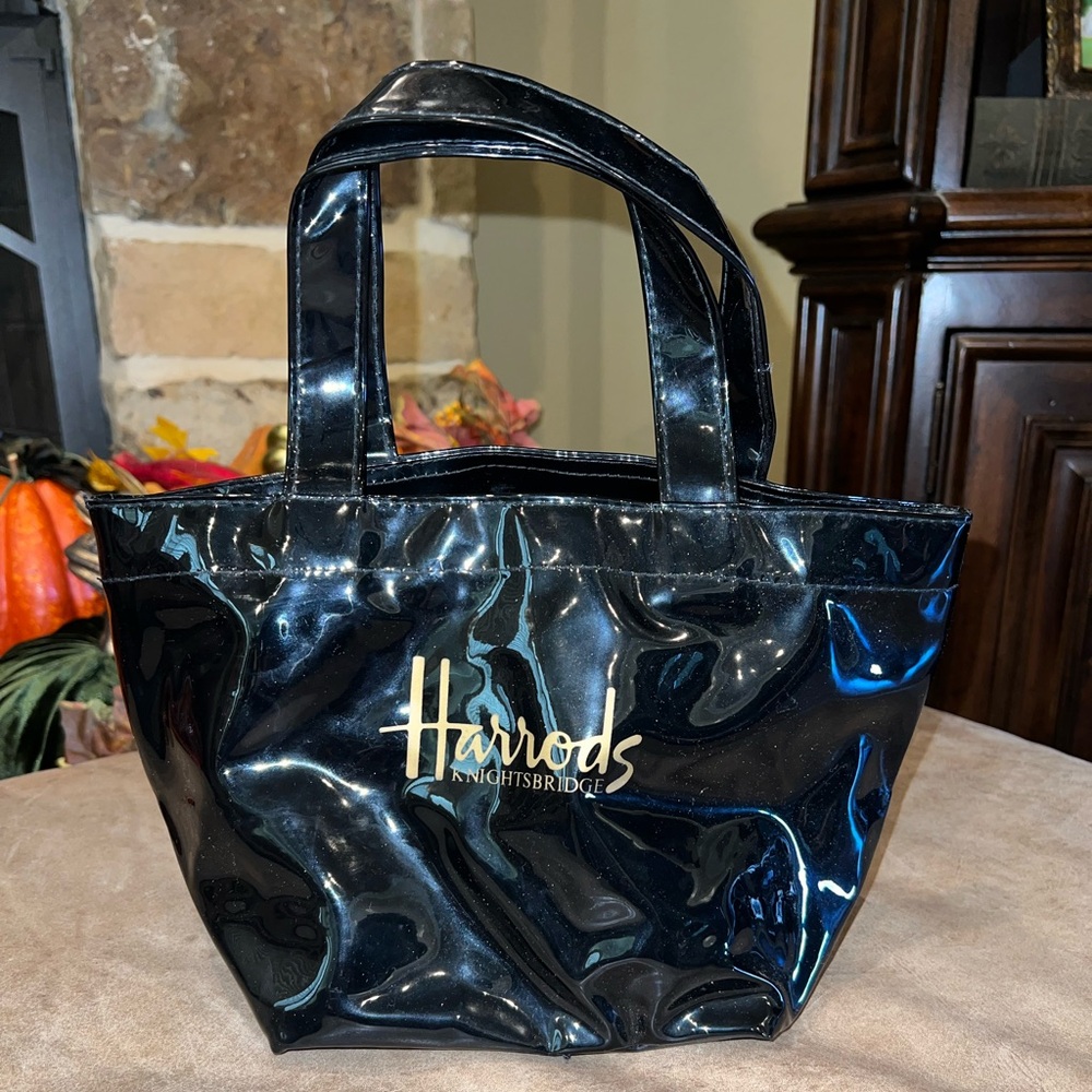 Harrods Shiny Black Tote with Gold Logo